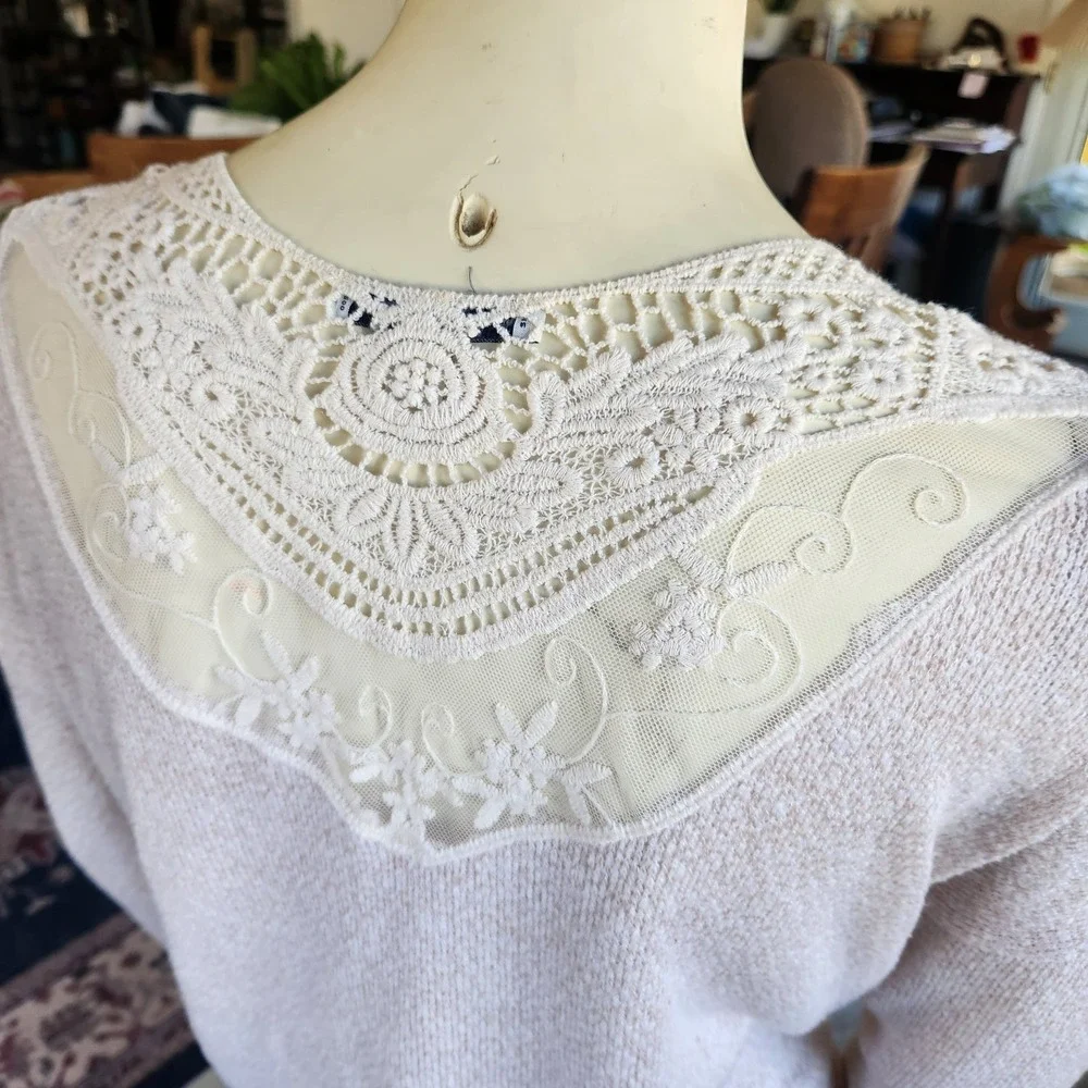 American Eagle Women's M Sweater‎ Open Knit Crochet Sheer Mesh Cream Boho Fairy